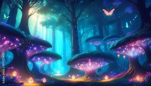 Fototapeta Ethereal Forest Spirits- A mystical forest inhabited by ethereal spirits, glowing softly