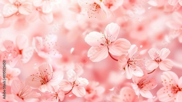 Fototapeta Delicate, pastel pattern of sakura flowers (cherry blossoms) on a light pink background. The flowers are subtle and detailed, creating a harmonious and calm composition, perfect for wallpapers. 