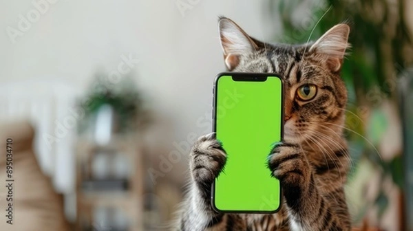 Fototapeta Cat portrait paw holding chroma key phone, touching, clicking, tapping and swiping phone with green screen. Chroma key vertical mock up for advertising, Cat using showimg smartphone.