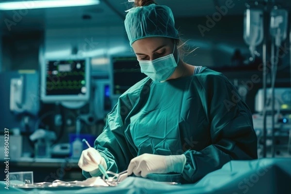 Fototapeta Focused Surgeon in Clean and High-Tech Surgical Environment