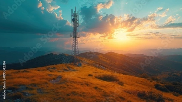 Obraz Open Field with Cell Tower Against Mountainous Backdrop