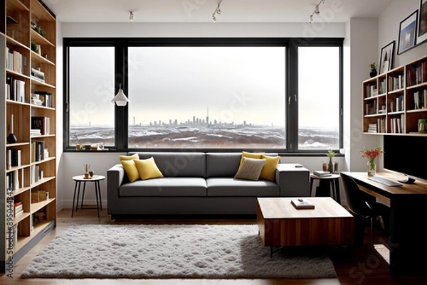 Obraz "Snow-Dusted City with Minimalist and Modern Interior Harmony"