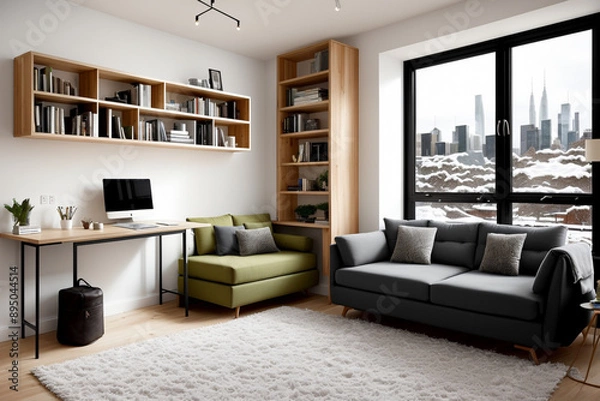 Fototapeta "City in Snow with a Blend of Modern and Minimalist Interior"