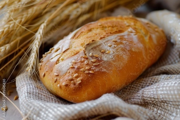 Fototapeta Loaf of bread setting besides some wheats