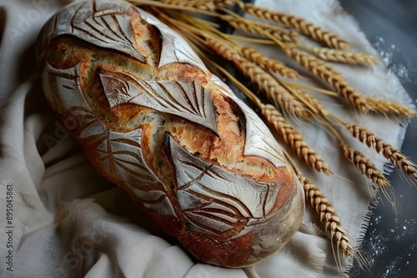 Fototapeta Beautiful designed loaf of bread, top view, setting besides some wheats
