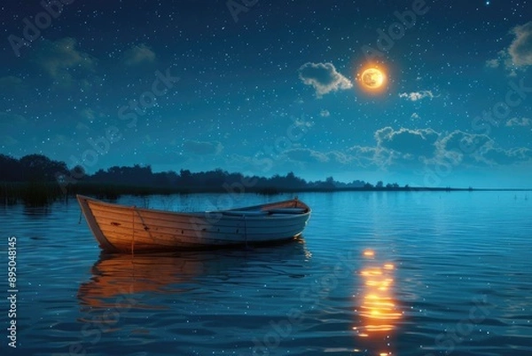 Fototapeta A boat is floating on a lake at night with a full moon in the sky