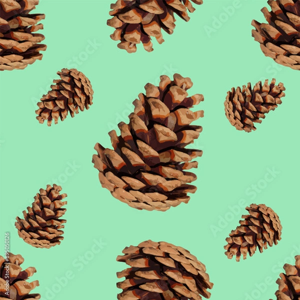 Fototapeta Seamless pattern with pine cones on a green background