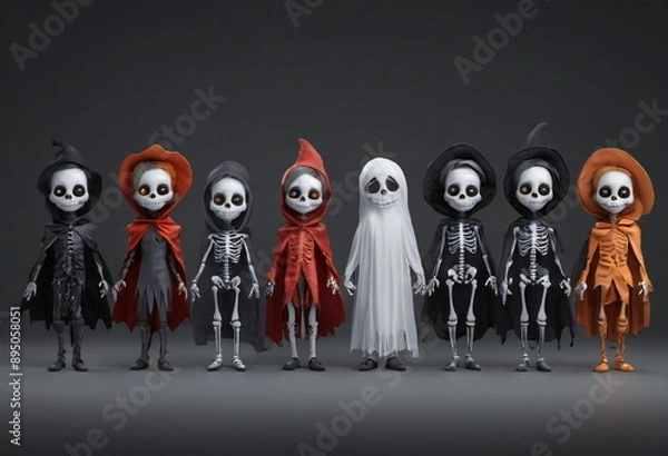 Fototapeta Halloween illustration featuring various characters in costumes, skeletons, witches, ghosts, and vampires, against a dark background. A spooky and playful scene full of classic Halloween icons.