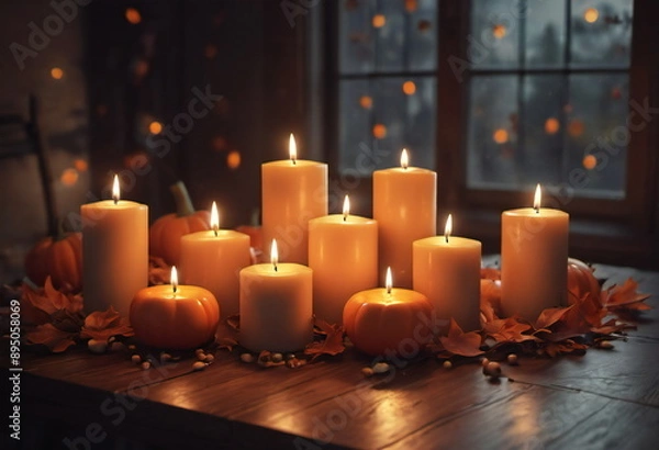 Fototapeta A group of candles on a table during Halloween, surrounded by small pumpkins and autumn leaves. The candlelight flickers, creating a warm and cozy ambiance.