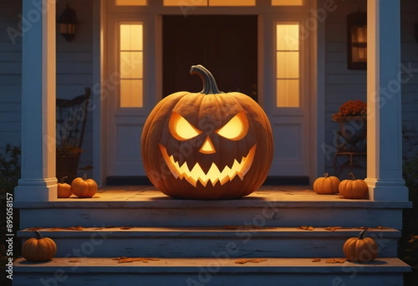 Fototapeta A large pumpkin with a carved, frightening face sits on the porch of a house for Halloween. Inner light glows warmly from the pumpkin in yellow tones, illuminating the night