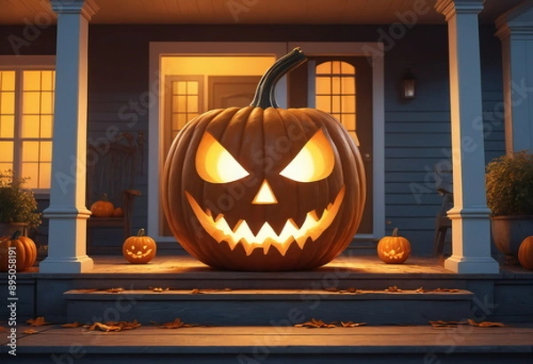 Fototapeta A large pumpkin with a carved, frightening face sits on the porch of a house for Halloween. Inner light glows warmly from the pumpkin in yellow tones, illuminating the night