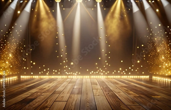 Fototapeta  A golden wood podium illuminated by soft light and floating particles. The stage is highlighted by a gold spotlight, creating a warm and inviting atmosphere in the empty space.
