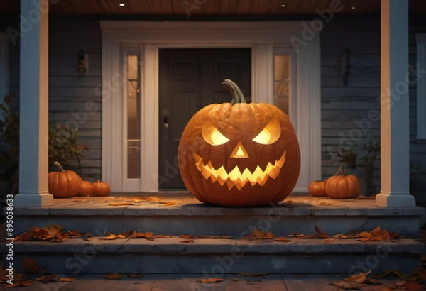 Fototapeta A large pumpkin with a carved, frightening face sits on the porch of a house for Halloween. Inner light glows warmly from the pumpkin in yellow tones, illuminating the night