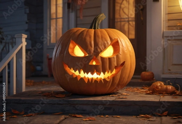 Fototapeta A large pumpkin with a carved, frightening face sits on the porch of a house for Halloween. Inner light glows warmly from the pumpkin in yellow tones, illuminating the night