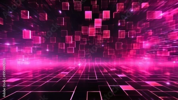 Fototapeta Futuristic digital background with vibrant pink lighting and glowing square patterns, ideal for technology and abstract themes.