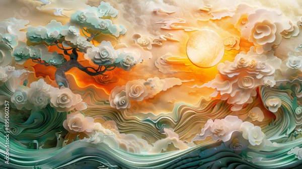 Fototapeta Jade Whispers: Multi-Dimensional Paper Art & the Symbolism of Auspicious Clouds