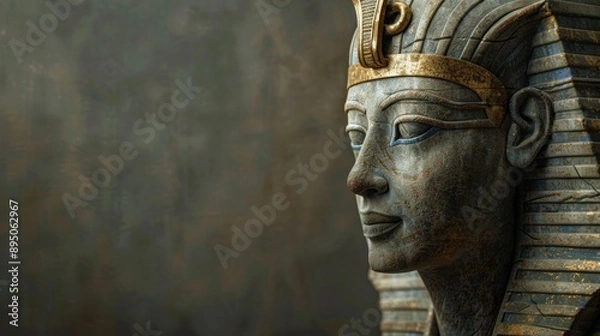 Fototapeta Close-up of Tutankhamun's mask with a golden headdress resembling a pharaoh's crown.