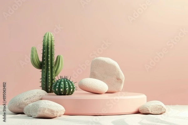 Obraz Geometric Cactus. Premium Podium for Product Presentation with Natural Elements