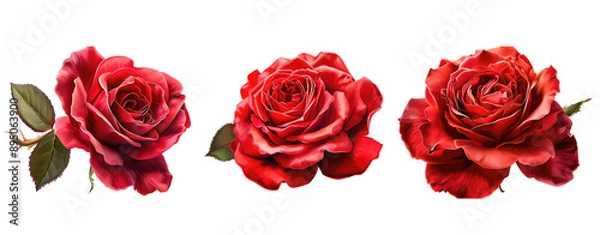Fototapeta set of red rose and leaf close up cut out background