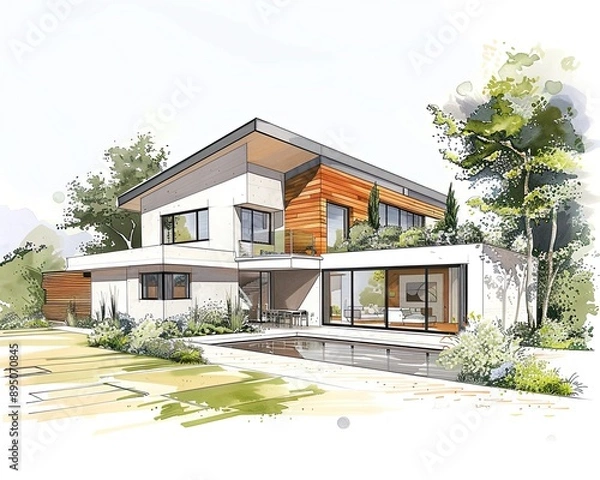 Obraz Architectural project with detailed modern house model on white backgrounds.