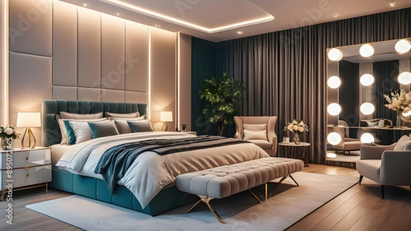 Fototapeta Trendy contemporary bedroom luxury mood, elegant bright tones and geometric elements. Illustration of modern bedroom with LED decoration on the wall. Perfect design luxurious. Created by Generative AI
