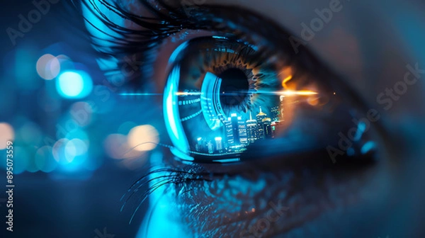 Fototapeta Eye with a futuristic cityscape reflection, embodying the future of business and innovation