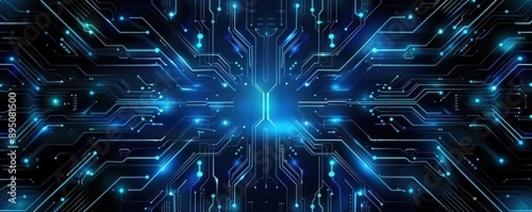 Fototapeta Futuristic circuit board design with luminous blue lines and nodes, symbolizing technology and digital connectivity.