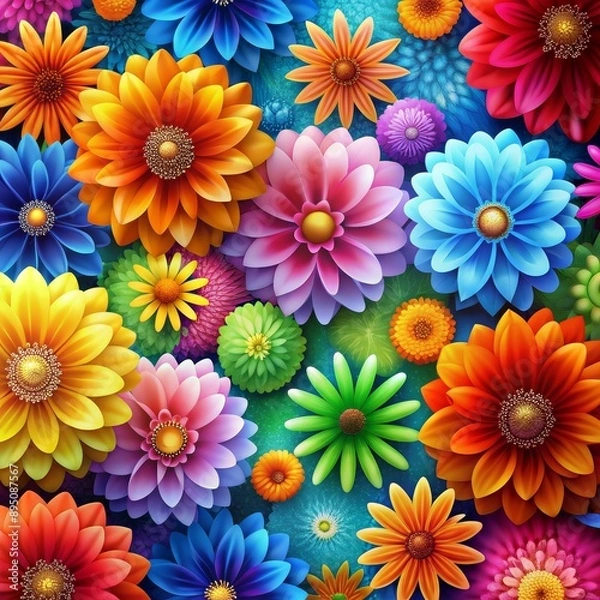 Obraz A vibrant symphony of color, this digital artwork features a captivating array of blooming flowers, each petal meticulously rendered in a mesmerizing kaleidoscope of hues.