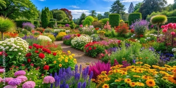 Fototapeta A Walk Through a Vibrant Garden, Wide Perspective, Colorful Blooms, Sunlit Pathway, Lush Greenery, Garden, Flowers