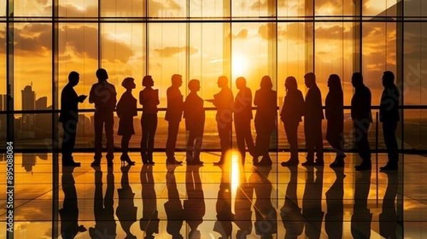 Obraz A group of business people are meeting in a modern office. The sun is setting outside the windows, casting a warm glow over the room.