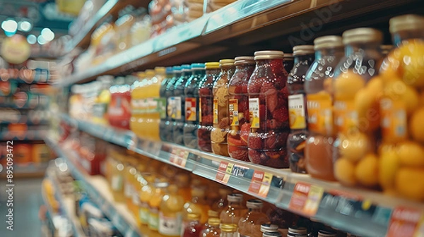 Fototapeta Close-up view of a grocery store aisle filled with various bottled juices, showcasing colorful beverages and vibrant packaging