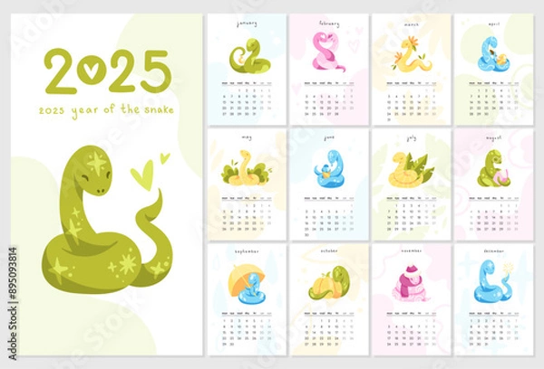 Fototapeta 2025 calendar. 12 months with 12 cartoon snakes characters. Vector illustration