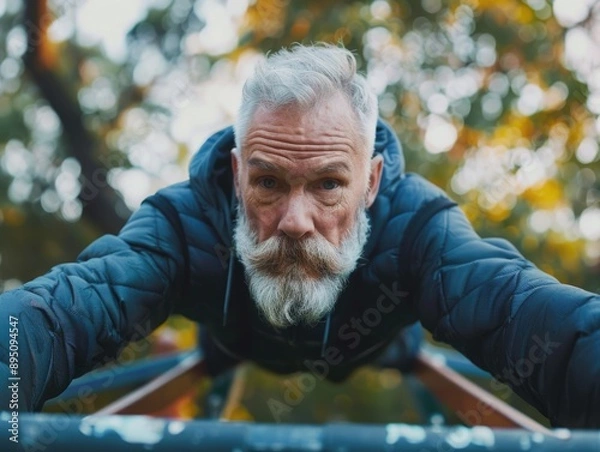 Fototapeta Man does push-ups on park bench