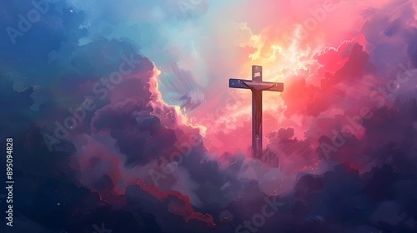 Fototapeta A cross of Jesus, with clouds and light behind it, in the style of a digital painting with a colorful illustration and impressionist oil color palette