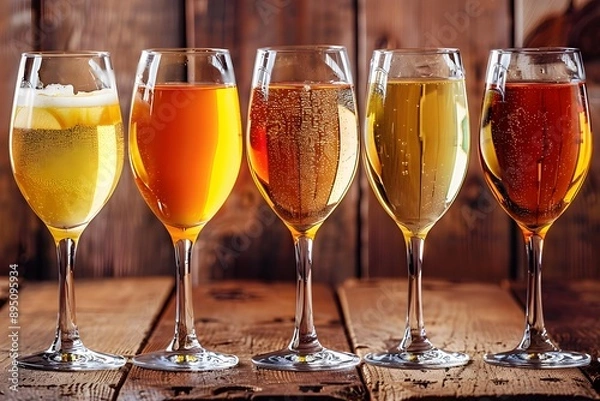 Fototapeta Five Different Types of Cider In Wine Glasses On A Wooden Background