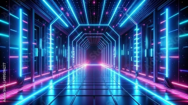 Fototapeta Neon Glow Corridor 3D Rendered Futuristic Tunnel with Blue and Pink Lights, Neon Lights, Futuristic Architecture, 3D Rendering, Cyberpunk, Sci-fi, Glow
