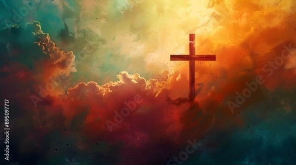 Fototapeta A cross of Jesus, with clouds and light behind it, in the style of a digital painting with a colorful illustration and impressionist oil color palette