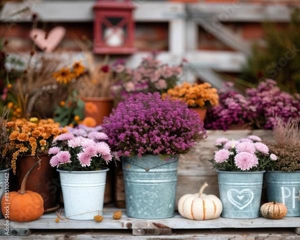 Fototapeta Fall Flowers in Buckets on Wooden Bench
