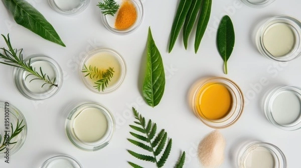 Fototapeta Top view image of various plants and cosmetics on Petri dishes with white backdrop