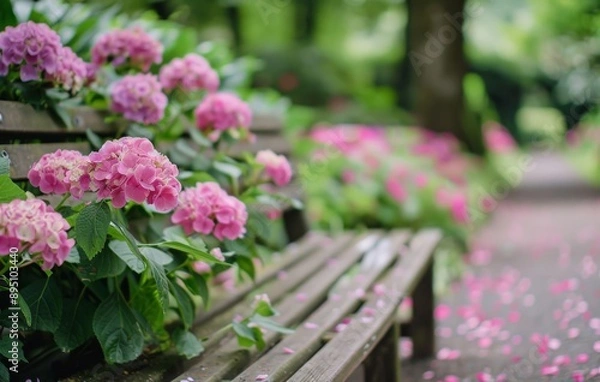 Fototapeta Pink Hydrangeas On A Bench