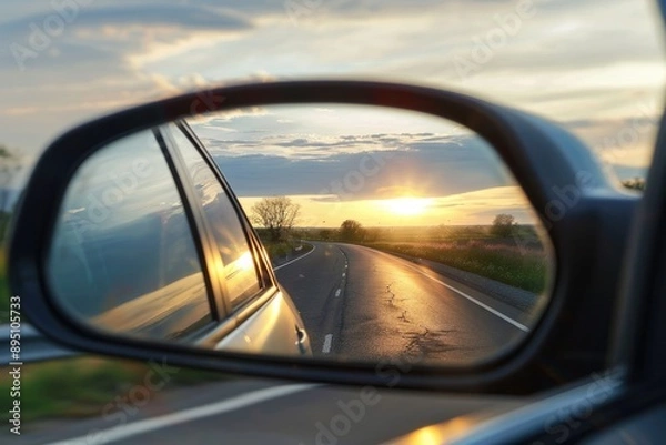 Fototapeta Looking In Rear View Mirror. Reflection of Two-lane Winding Road with Twilight Sky and Sunset