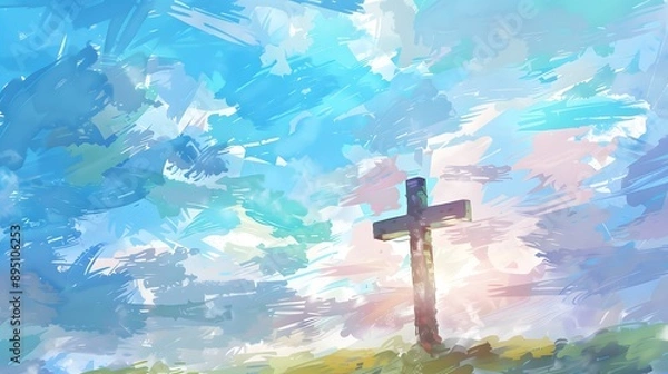 Fototapeta A cross of Jesus, with clouds and light behind it, in the style of a digital painting with a colorful illustration and impressionist oil color palette