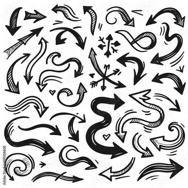 Fototapeta Collection of curved arrows in ink Vector hand drawn sketchy arrows pointing different directions