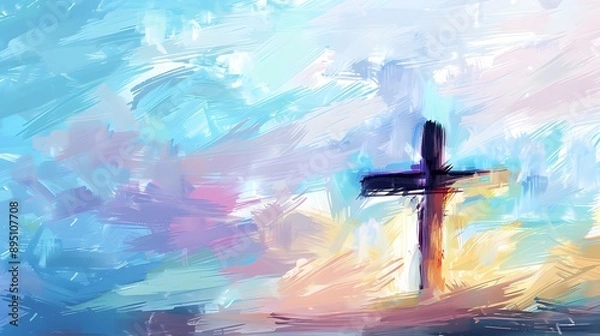Fototapeta A cross of Jesus, with clouds and light behind it, in the style of a digital painting with a colorful illustration and impressionist oil color palette