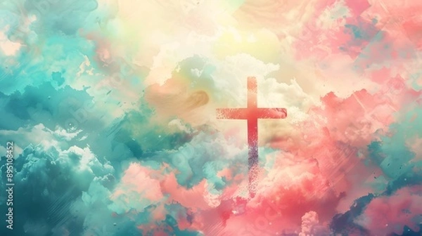 Fototapeta A cross of Jesus, with clouds and light behind it, in the style of a digital painting with a colorful illustration and impressionist oil color palette