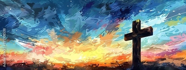 Fototapeta A cross of Jesus, with clouds and light behind it, in the style of a digital painting with a colorful illustration and impressionist oil color palette
