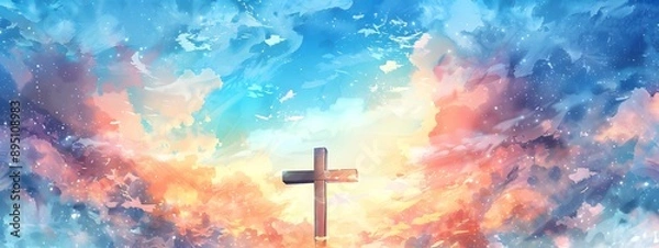 Fototapeta A cross of Jesus, with clouds and light behind it, in the style of a digital painting with a colorful illustration and impressionist oil color palette