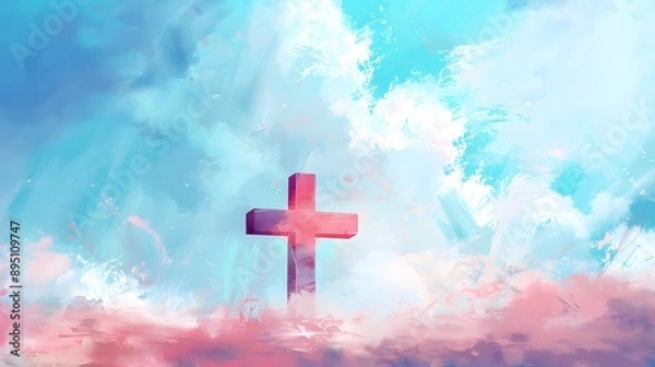 Fototapeta A cross of Jesus, with clouds and light behind it, in the style of a digital painting with a colorful illustration and impressionist oil color palette