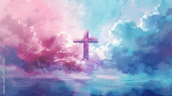 Fototapeta A cross of Jesus, with clouds and light behind it, in the style of a digital painting with a colorful illustration and impressionist oil color palette