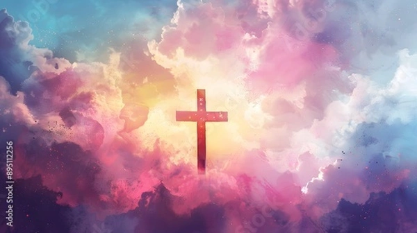 Fototapeta A cross of Jesus, with clouds and light behind it, in the style of a digital painting with a colorful illustration and impressionist oil color palette